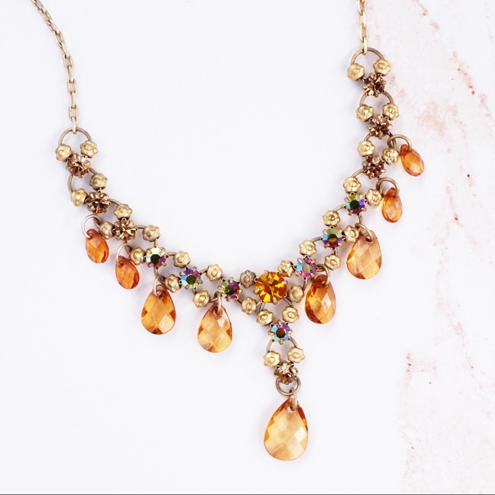 Teardrop Topaz Crystal Necklace With Aurora Borealis Rhinestones